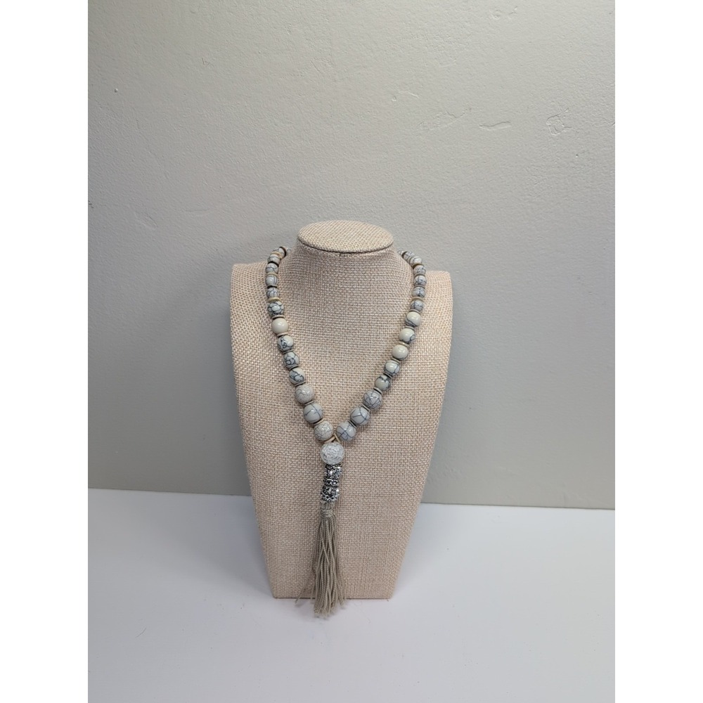 Chico's Long‎ Beaded Necklace Silver Tone Rhinestone Tassel Pendant 34-38"